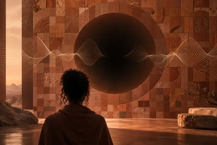 Abstract editorial artwork of a terracotta digital mosaic with delicate audio waves and a deep central shadow
